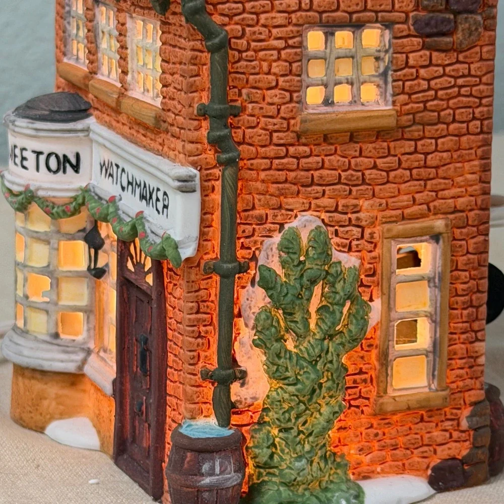 Vintage Lighted Christmas Village House Porcelain Watchmaker w Box & Cord Decor